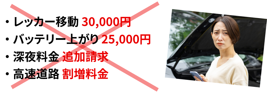 レッカー移動30,000円・バッテリー上がり25,000円・深夜料金・高速道路割増料金など自費での費用例